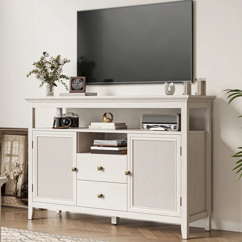 Weißes Rattan-Sideboard mit Schubladen und verstellbaren Einlegeböden