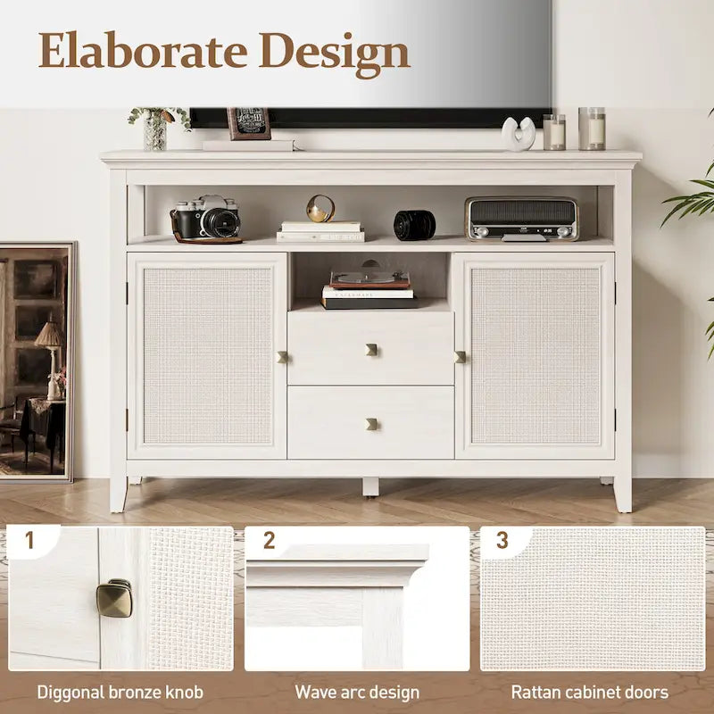 Weißes Rattan-Sideboard mit Schubladen und verstellbaren Einlegeböden