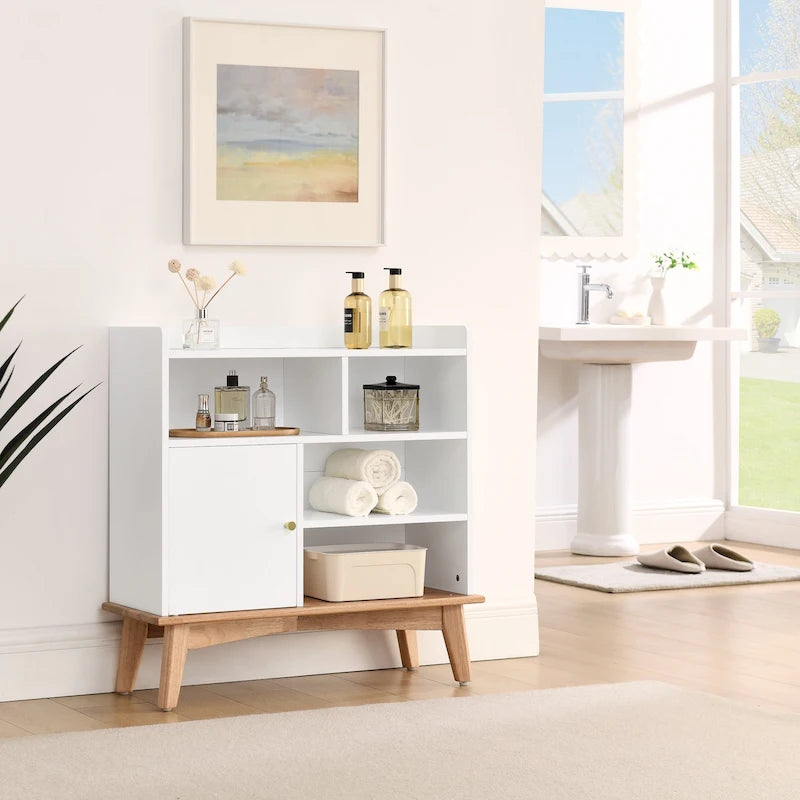Mueble de almacenamiento bicolor con base de madera natural para suelo, sala de estar y dormitorio