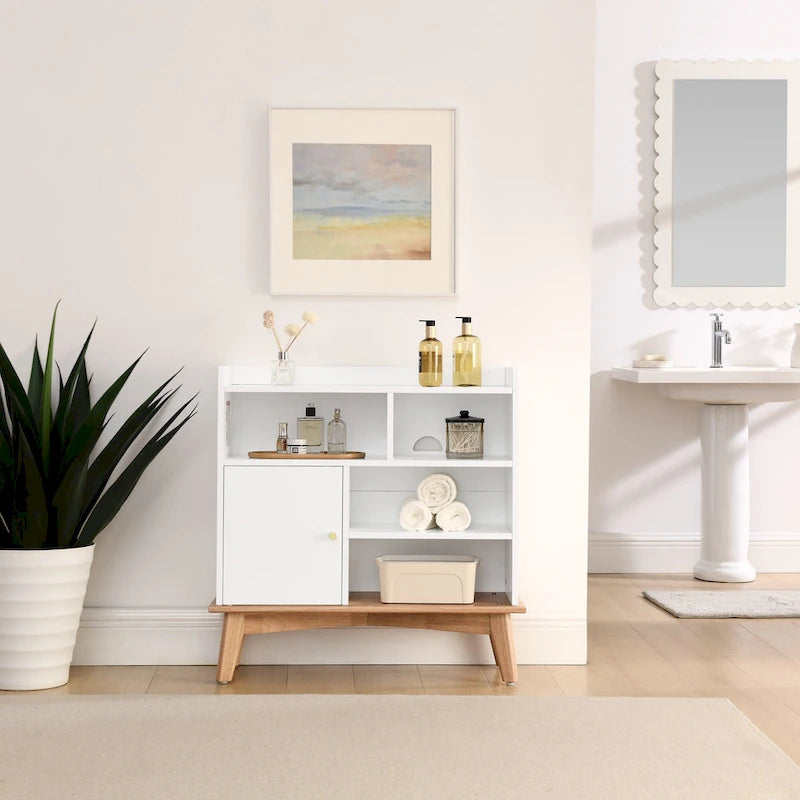 Mueble de almacenamiento bicolor con base de madera natural para suelo, sala de estar y dormitorio