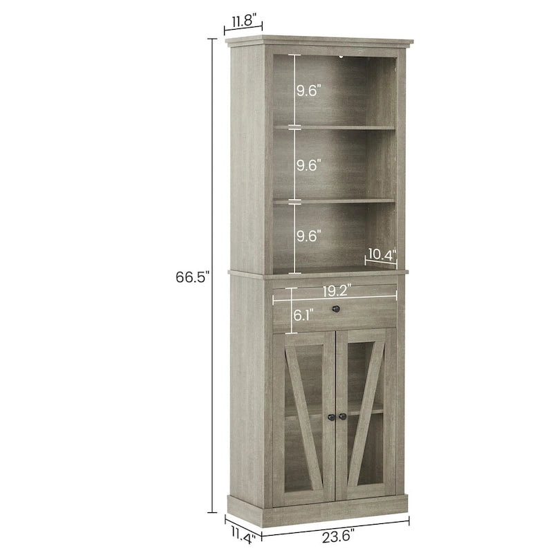 Freistehender, hoher Badezimmerschrank mit Regalböden, Schublade und Glastüren, Grau