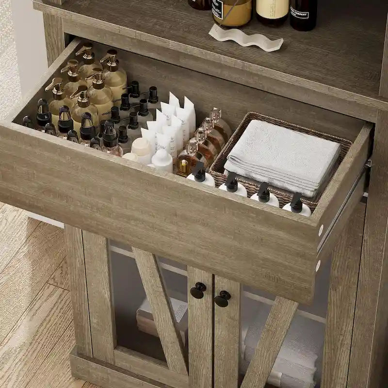 Freistehender, hoher Badezimmerschrank mit Regalböden, Schublade und Glastüren, Grau