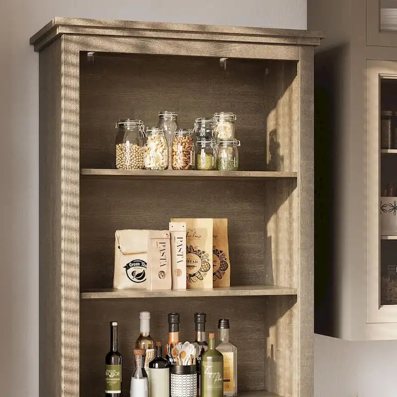 Freistehender, hoher Badezimmerschrank mit Regalböden, Schublade und Glastüren, Grau