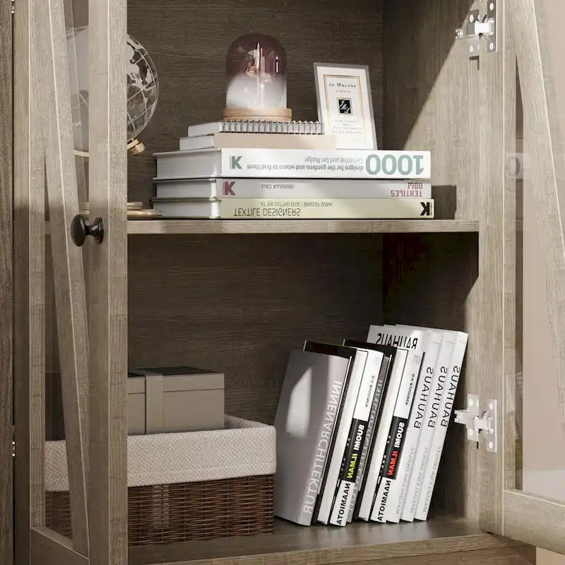 Freistehender, hoher Badezimmerschrank mit Regalböden, Schublade und Glastüren, Grau