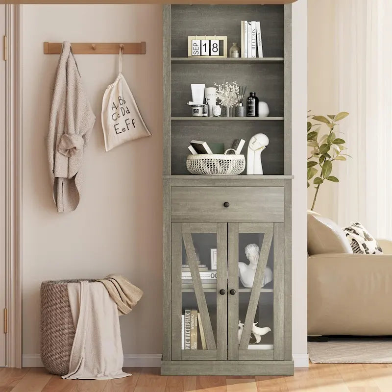 Freistehender, hoher Badezimmerschrank mit Regalböden, Schublade und Glastüren, Grau