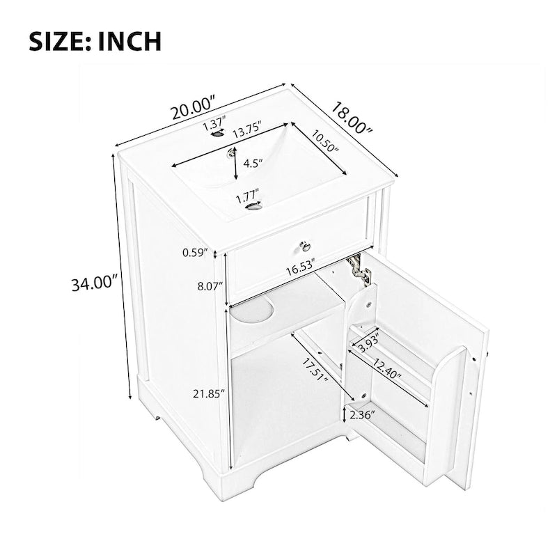 20-Inch Freestanding Bathroom Vanity with White Ceramic Undermount Sink, Gray or Black
