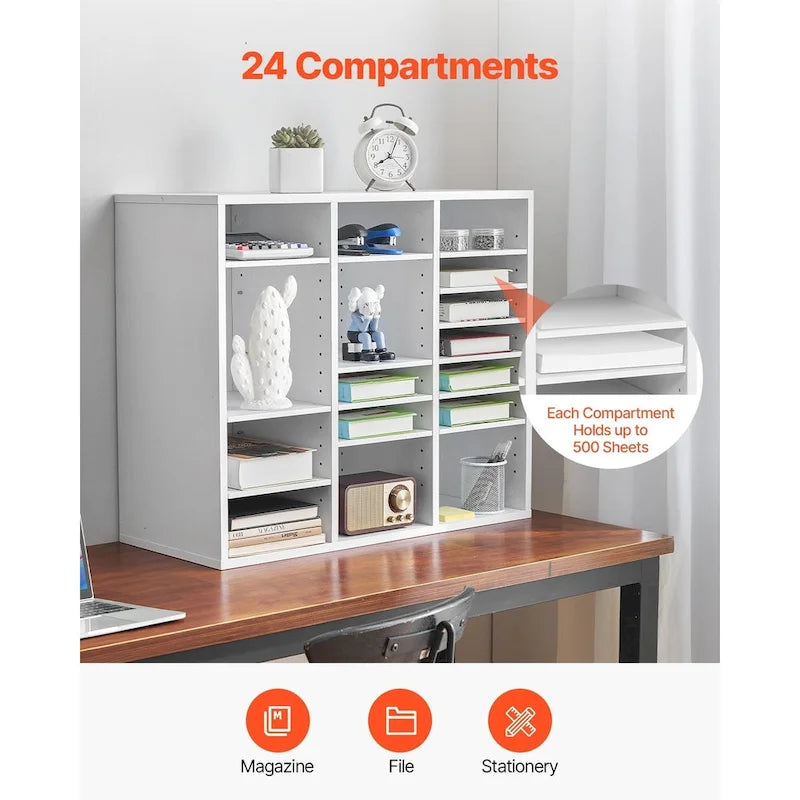 Organiseur de dossiers et de documents en bois à 24 compartiments avec étagère réglable, pour bureau
