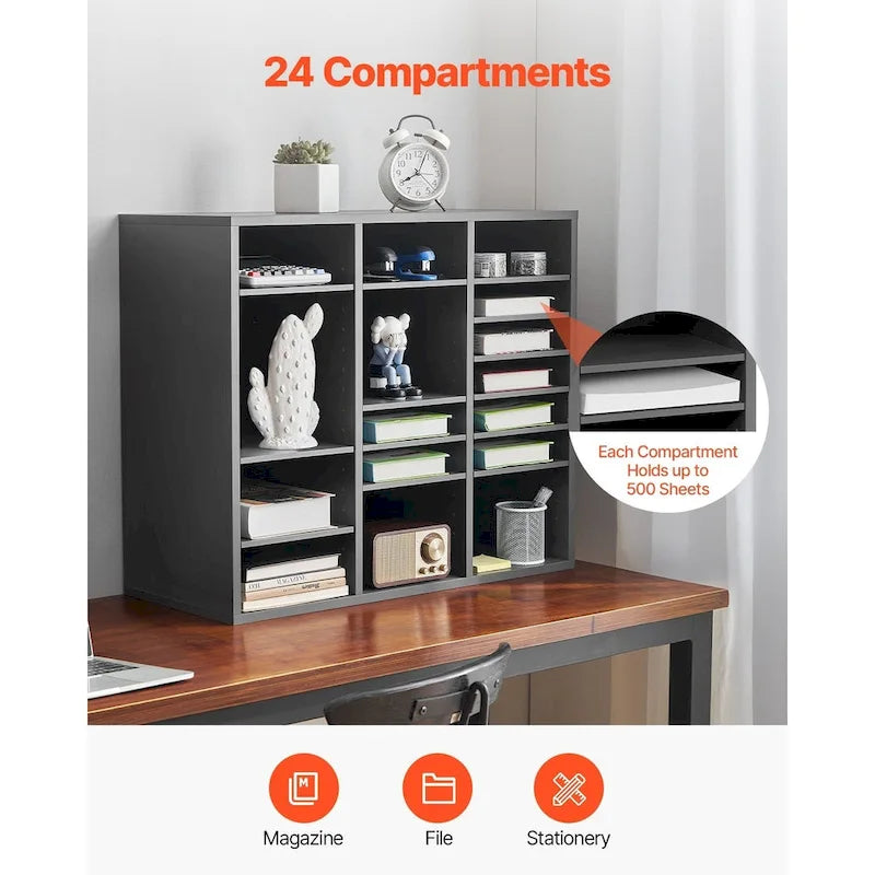 Organiseur de dossiers et de documents en bois à 24 compartiments avec étagère réglable, pour bureau