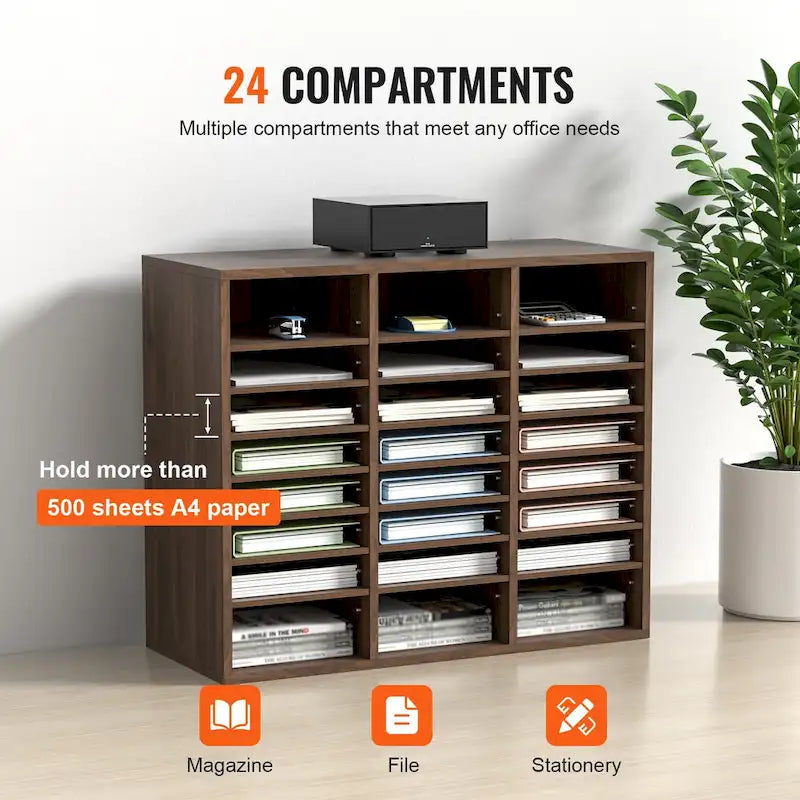 Organiseur de dossiers et de documents en bois à 24 compartiments avec étagère réglable, pour bureau