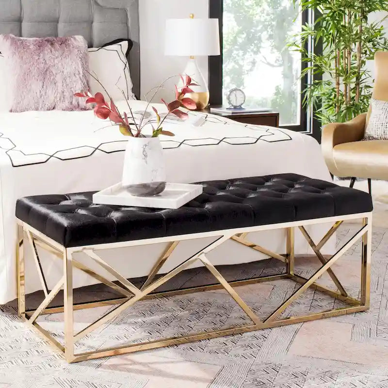 Banc rectangulaire noir en velours capitonné avec base métallique géométrique dorée