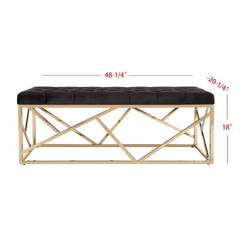 Banc rectangulaire noir en velours capitonné avec base métallique géométrique dorée