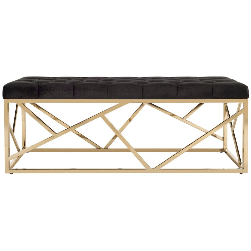 Banc rectangulaire noir en velours capitonné avec base métallique géométrique dorée