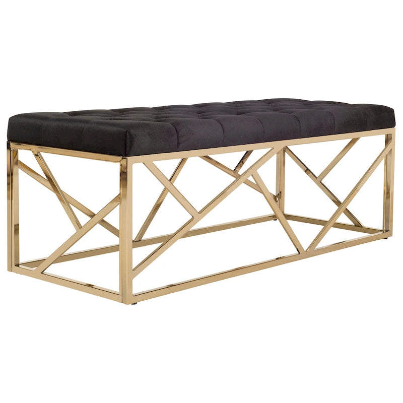Banc rectangulaire noir en velours capitonné avec base métallique géométrique dorée