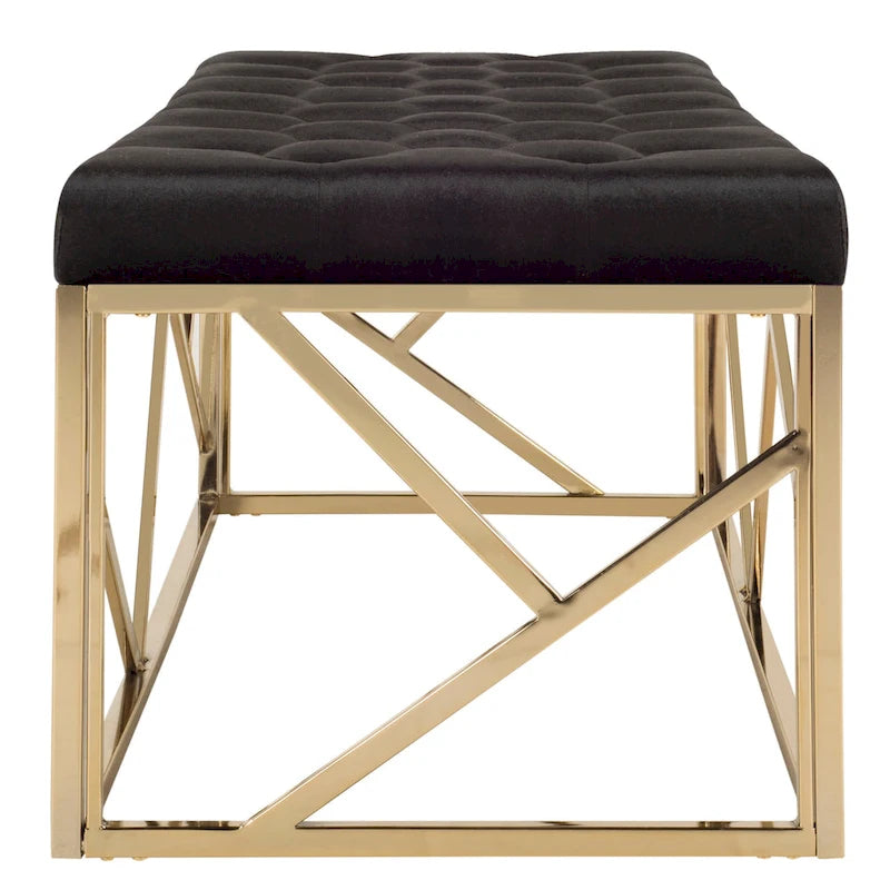 Banc rectangulaire noir en velours capitonné avec base métallique géométrique dorée