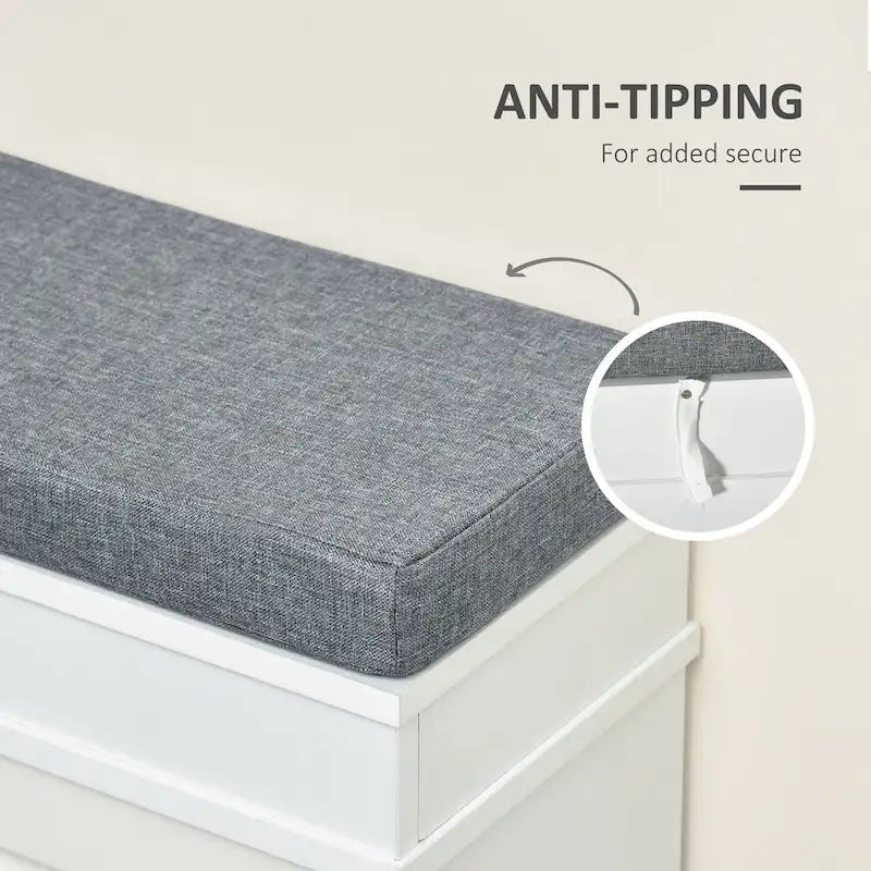Banco blanco para almacenamiento de zapatos en la entrada, con asiento acolchado y cajones