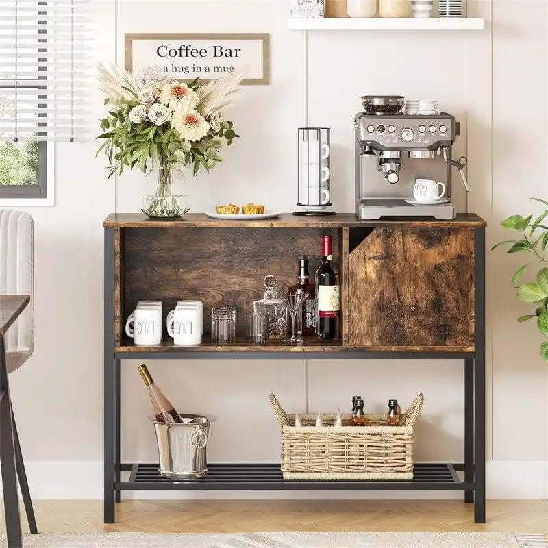 Meuble de bar à café industriel marron rustique et gris avec étagères ouvertes et espace de rangement