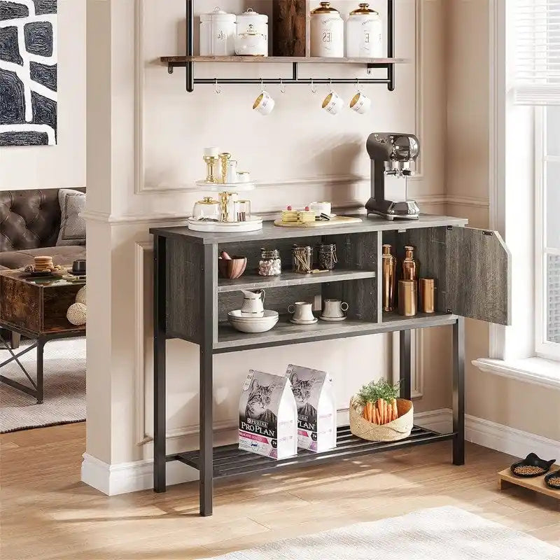 Meuble de bar à café industriel marron rustique et gris avec étagères ouvertes et espace de rangement