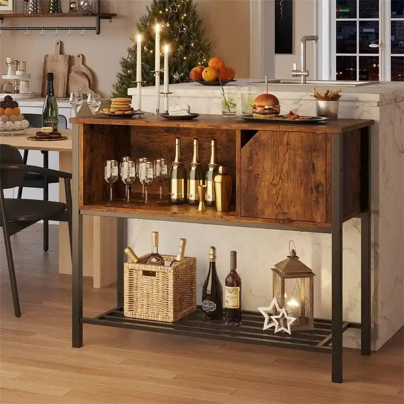 Meuble de bar à café industriel marron rustique et gris avec étagères ouvertes et espace de rangement