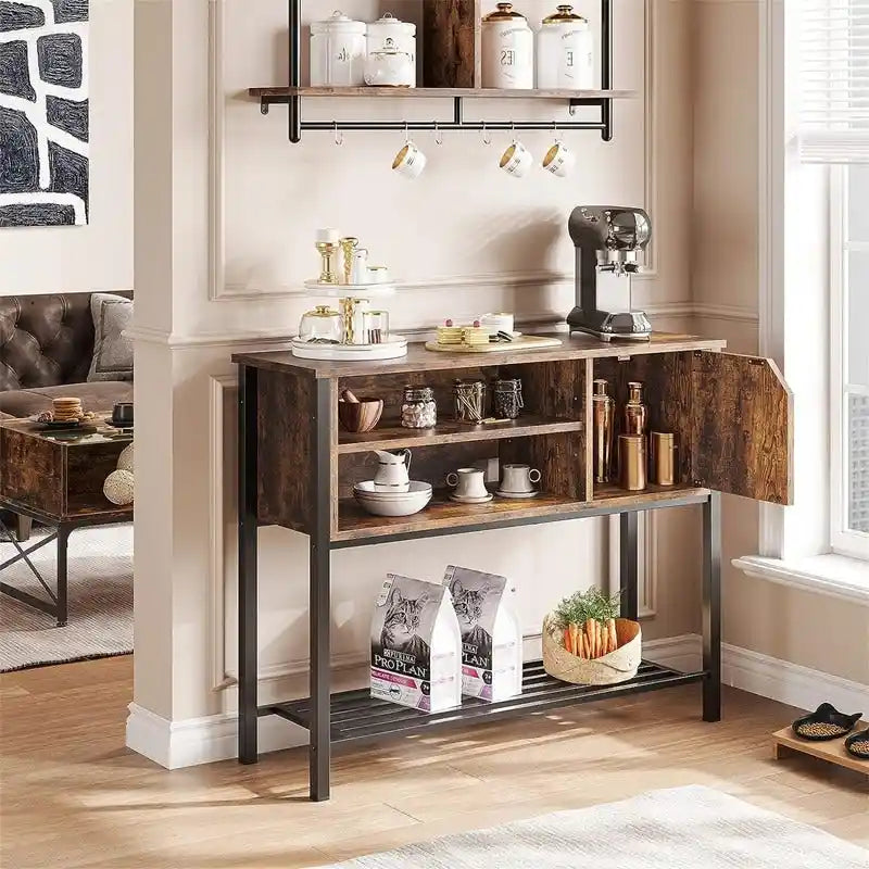Meuble de bar à café industriel marron rustique et gris avec étagères ouvertes et espace de rangement