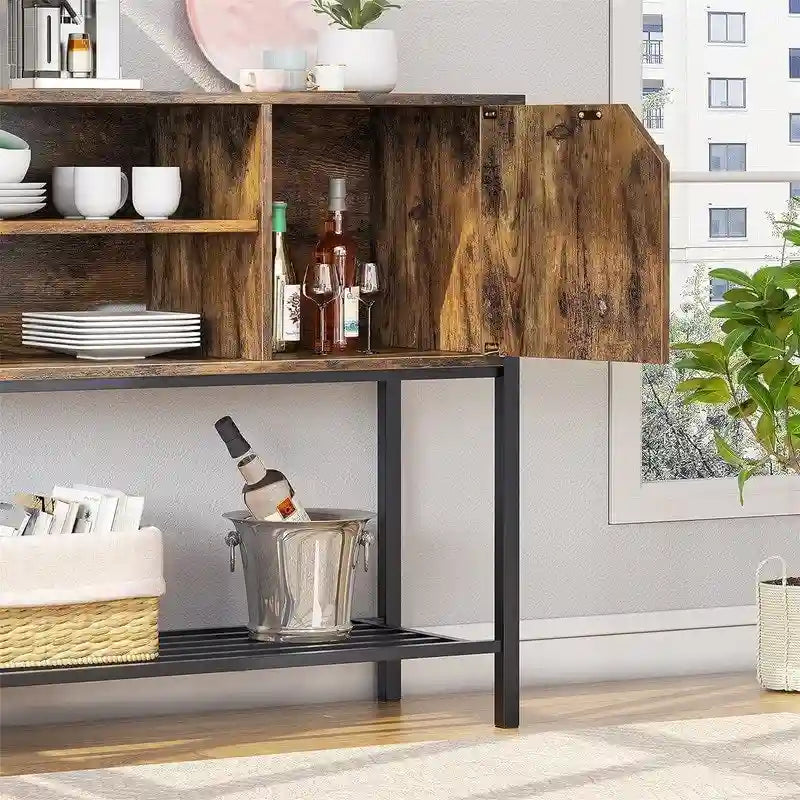 Meuble de bar à café industriel marron rustique et gris avec étagères ouvertes et espace de rangement