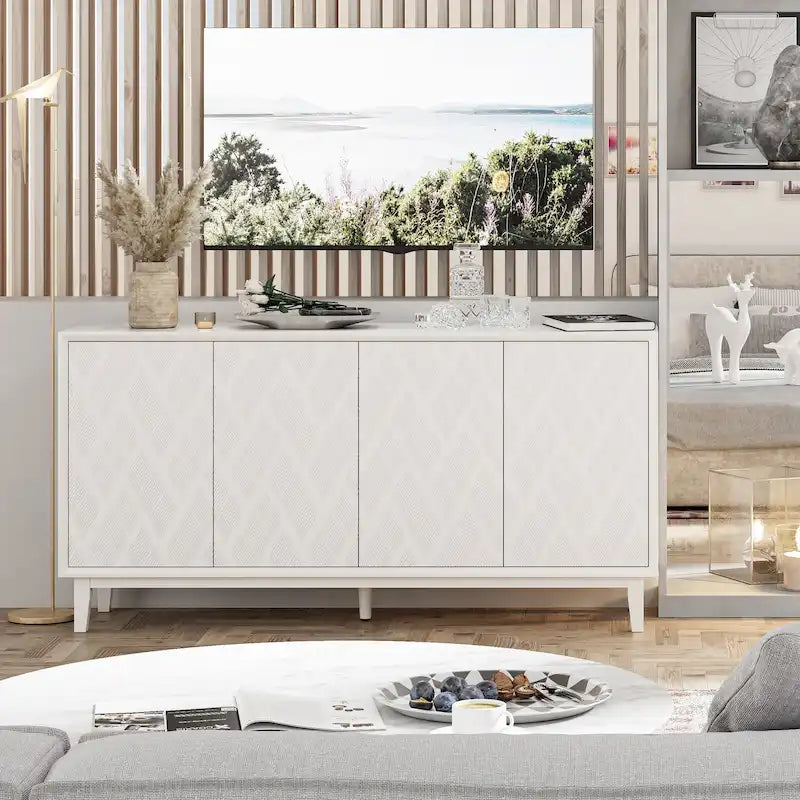 Buffet moderne à 4 portes avec motif ondulé 3D et loquets à pression, blanc et noir