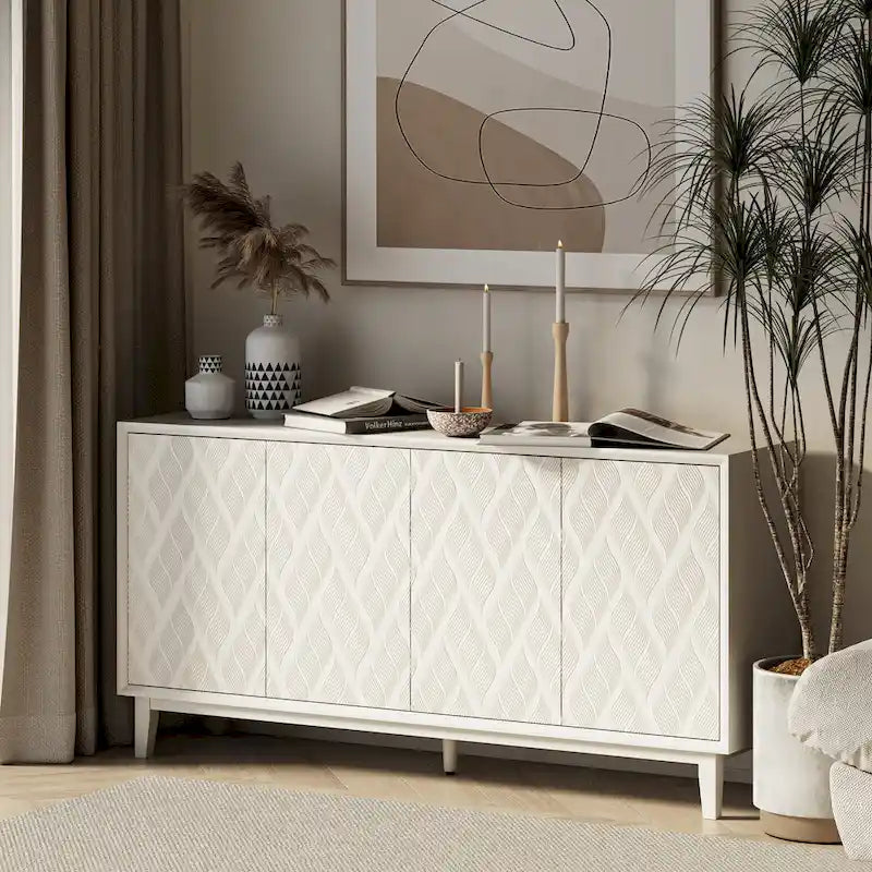 Buffet moderne à 4 portes avec motif ondulé 3D et loquets à pression, blanc et noir