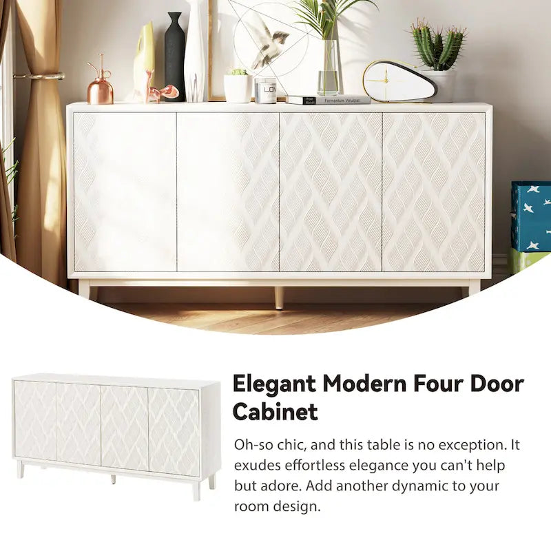 Buffet moderne à 4 portes avec motif ondulé 3D et loquets à pression, blanc et noir