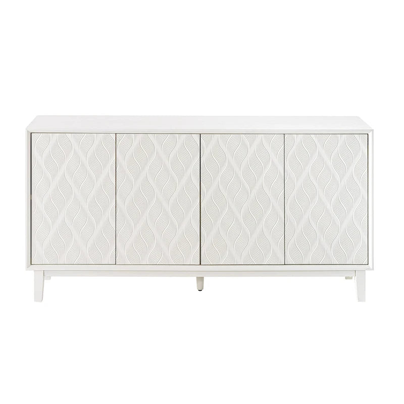 Buffet moderne à 4 portes avec motif ondulé 3D et loquets à pression, blanc et noir