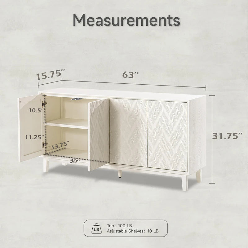 Buffet moderne à 4 portes avec motif ondulé 3D et loquets à pression, blanc et noir