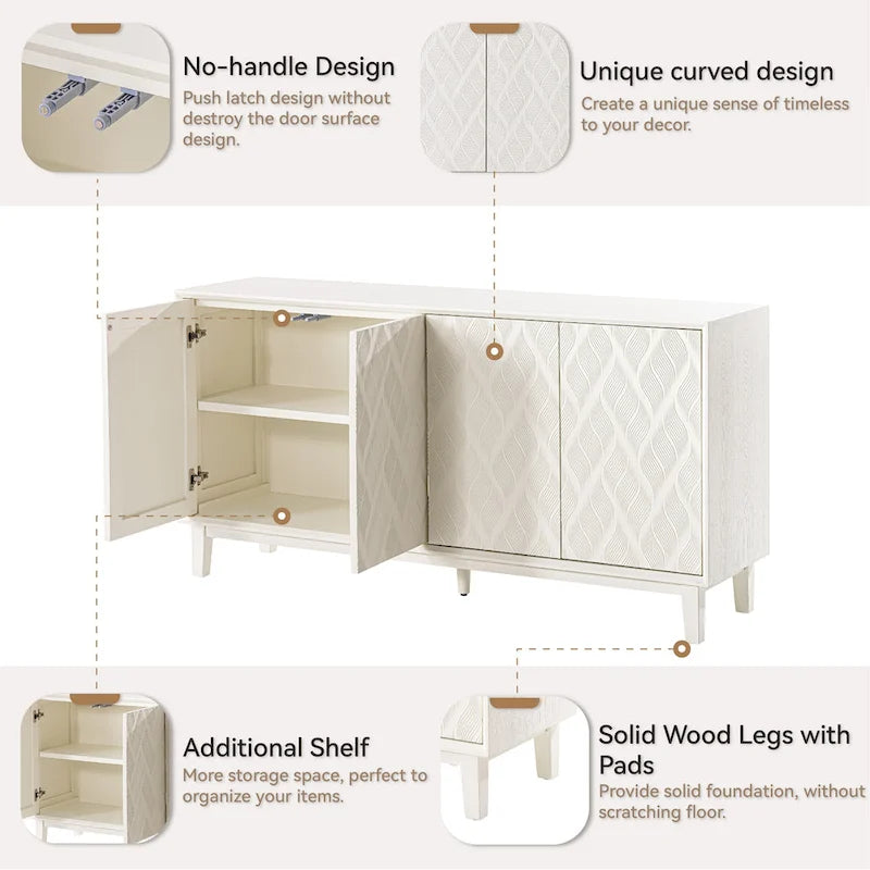 Buffet moderne à 4 portes avec motif ondulé 3D et loquets à pression, blanc et noir