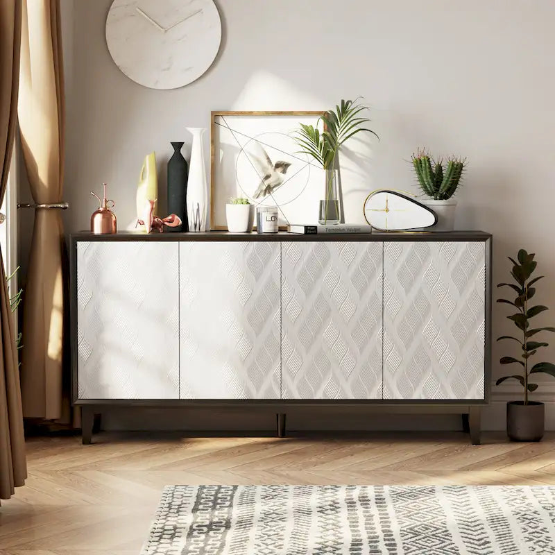 Buffet moderne à 4 portes avec motif ondulé 3D et loquets à pression, blanc et noir