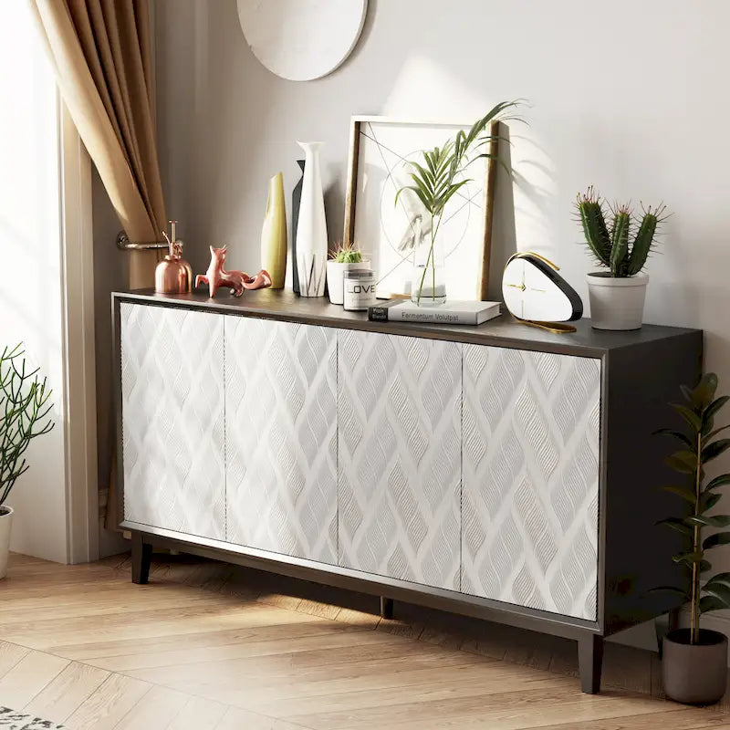 Buffet moderne à 4 portes avec motif ondulé 3D et loquets à pression, blanc et noir