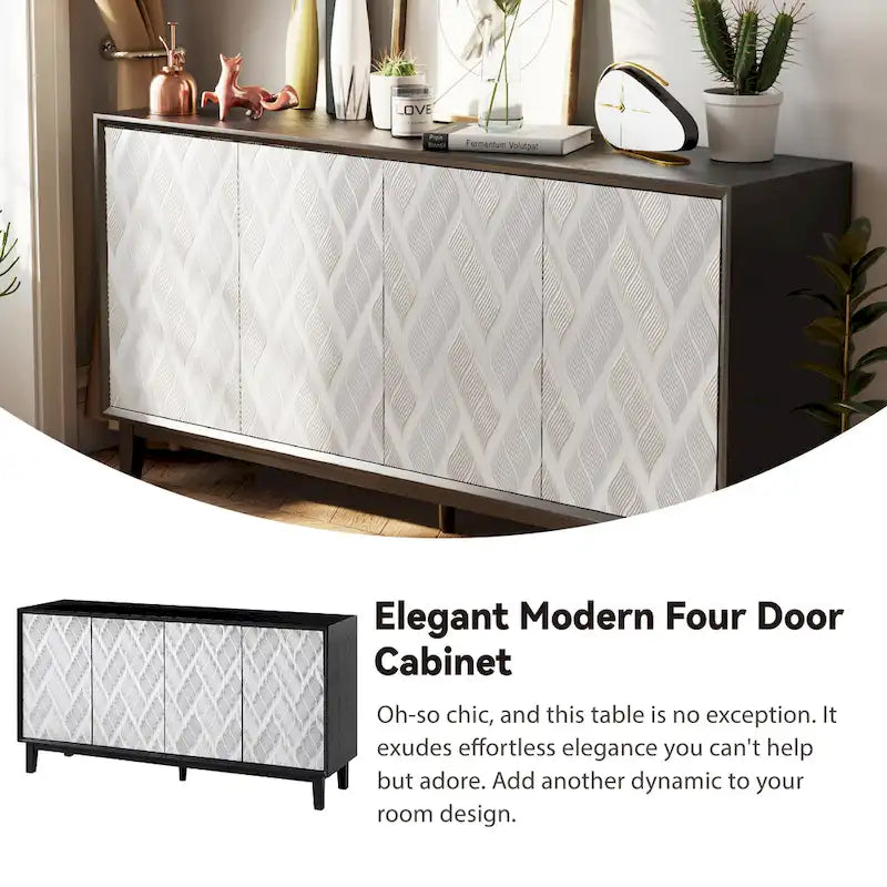 Buffet moderne à 4 portes avec motif ondulé 3D et loquets à pression, blanc et noir