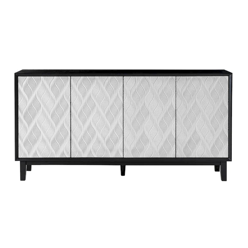 Buffet moderne à 4 portes avec motif ondulé 3D et loquets à pression, blanc et noir