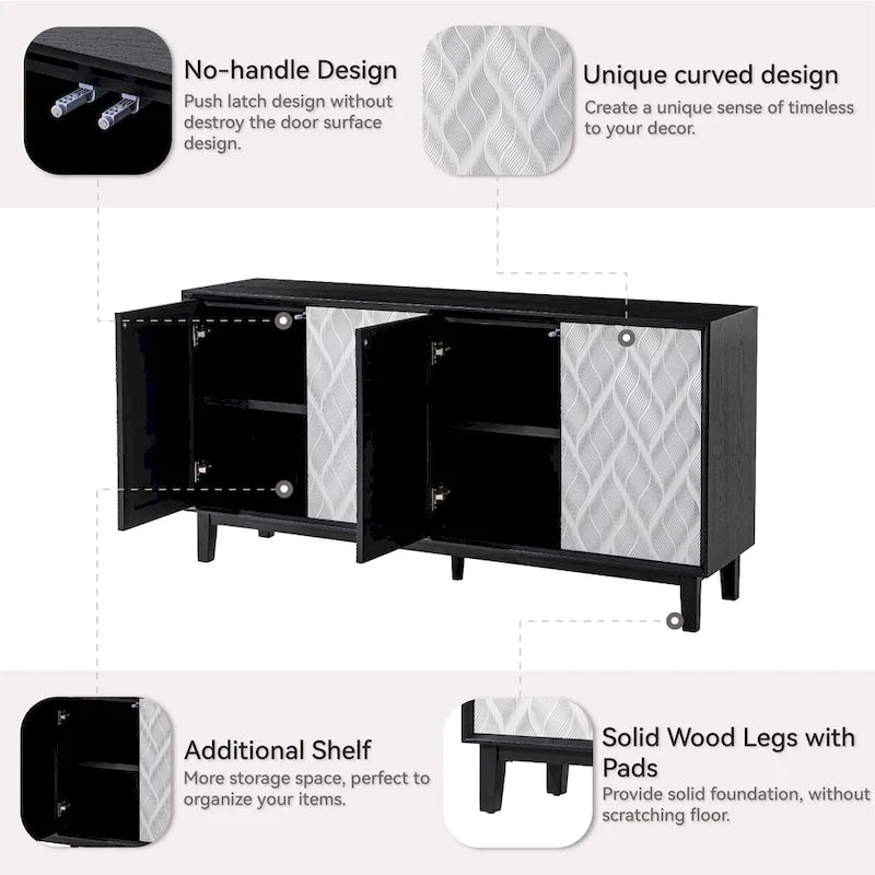 Buffet moderne à 4 portes avec motif ondulé 3D et loquets à pression, blanc et noir