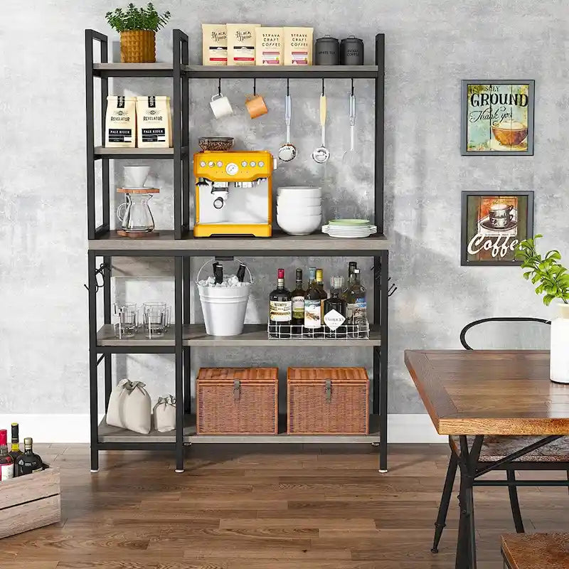 Industrielles Küchenregal im Bäckerregal-Stil mit 5 Ebenen, Mikrowellenhalter und Haken
