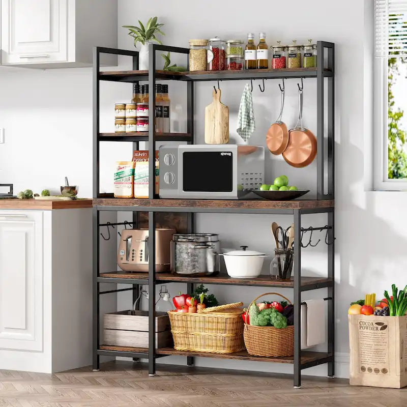 Industrielles Küchenregal im Bäckerregal-Stil mit 5 Ebenen, Mikrowellenhalter und Haken