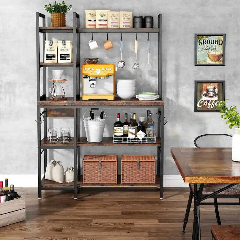 Industrielles Küchenregal im Bäckerregal-Stil mit 5 Ebenen, Mikrowellenhalter und Haken