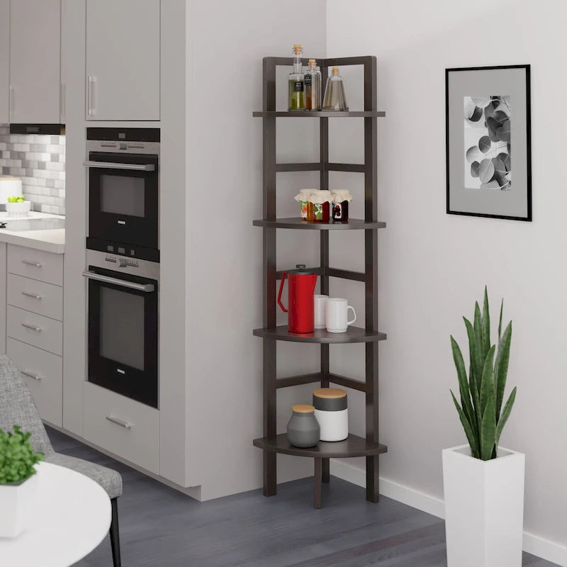 Eckregal im Bäckerregal-Stil, Kaffeebraun, 5 Ebenen, freistehend, aus massivem Holz