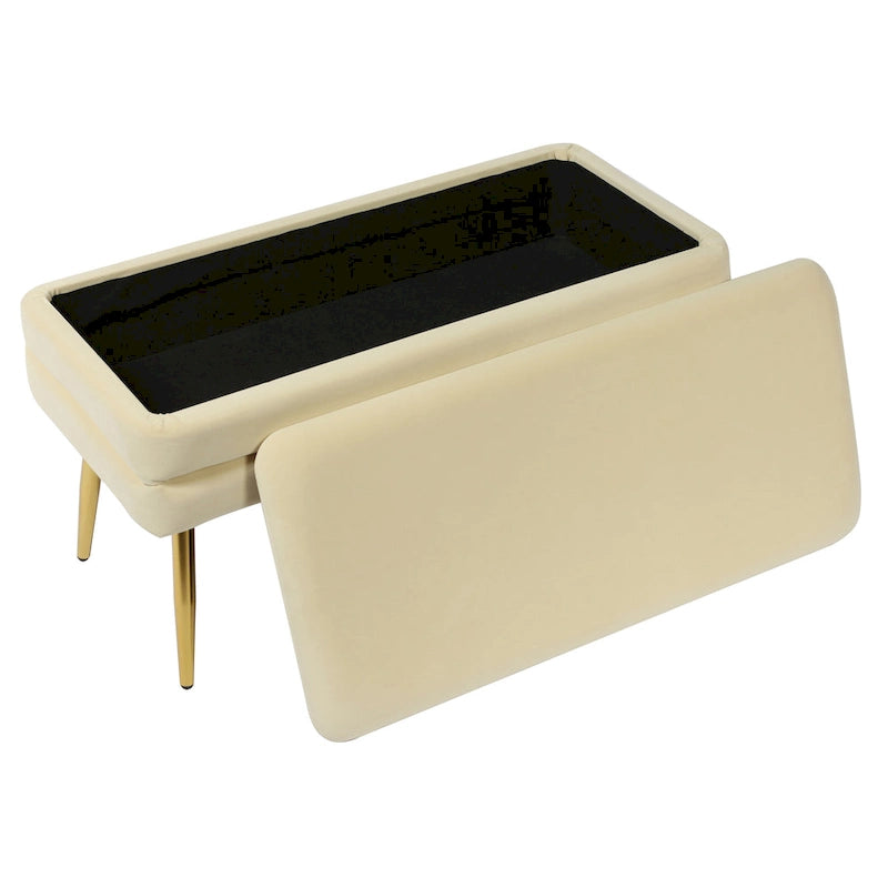 Banco de almacenamiento de terciopelo color crema con capitoné y patas doradas