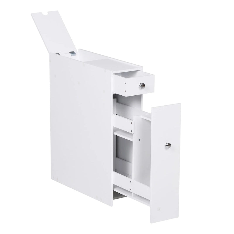 Meuble de rangement de salle de bains étroit et autoportant avec tiroirs coulissants, blanc, en MDF