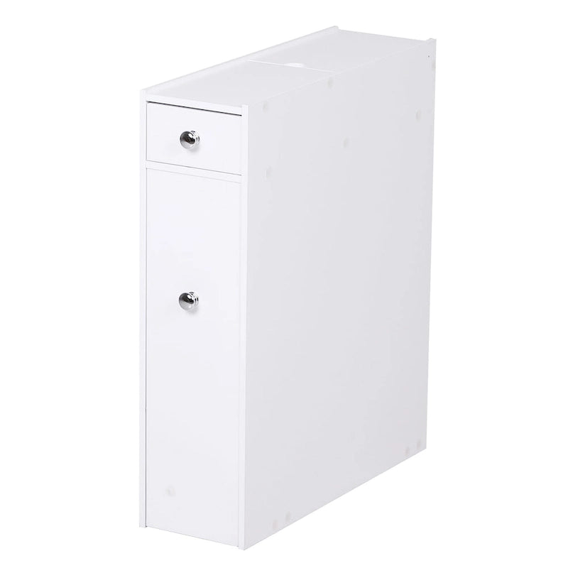 Meuble de rangement de salle de bains étroit et autoportant avec tiroirs coulissants, blanc, en MDF