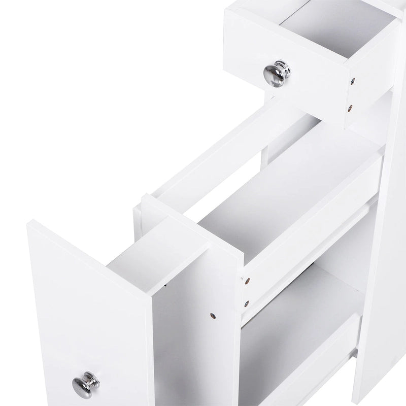 Meuble de rangement de salle de bains étroit et autoportant avec tiroirs coulissants, blanc, en MDF