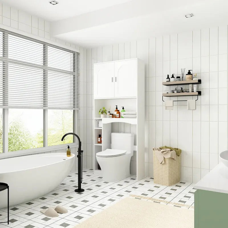 White Over-Toilet Storage Cabinet with Door and Open Shelves