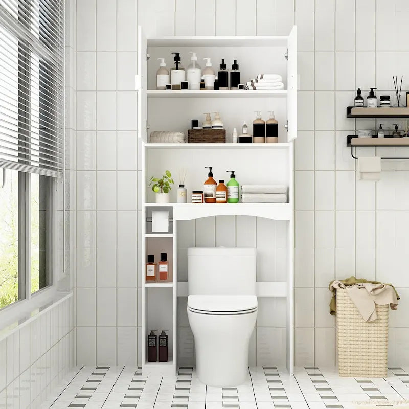 White Over-Toilet Storage Cabinet with Door and Open Shelves