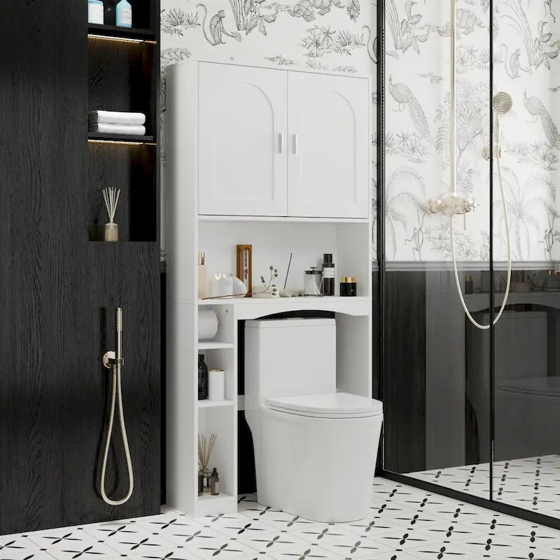 White Over-Toilet Storage Cabinet with Door and Open Shelves
