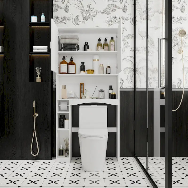 White Over-Toilet Storage Cabinet with Door and Open Shelves