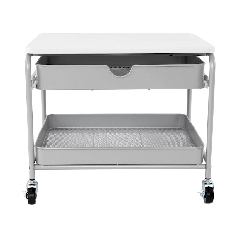 Druckerwagen zur Aufbewahrung unter dem Schreibtisch mit ausziehbarem Korb, Silber und Weiß, rollbar