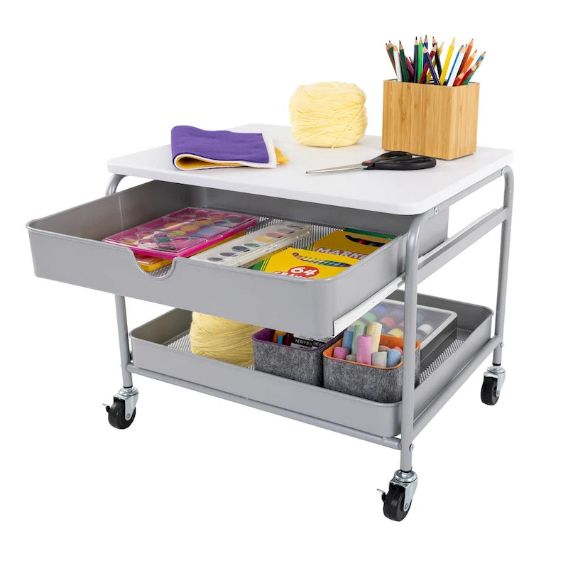 Druckerwagen zur Aufbewahrung unter dem Schreibtisch mit ausziehbarem Korb, Silber und Weiß, rollbar