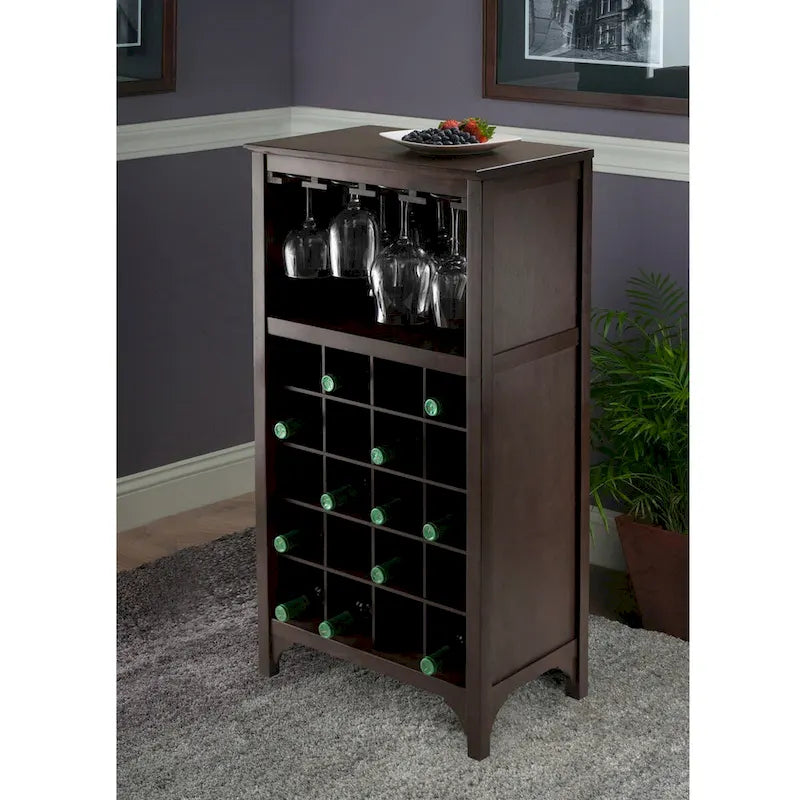 Espresso-Weinschrank aus Holz mit Glashalter und Flaschenregal